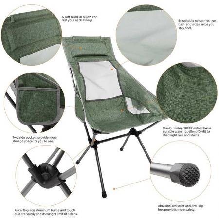 sedia da campeggio zaino con schienale alto, capacità di 330 libbre, sedia pieghevole portatile compatta leggera per escursionismo viaggio picnic in spiaggia 