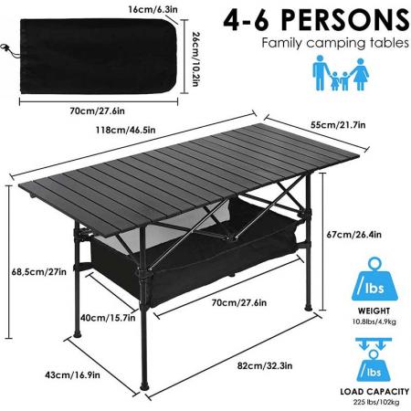 Grande tavolo da picnic pieghevole arrotolabile in alluminio da campeggio 