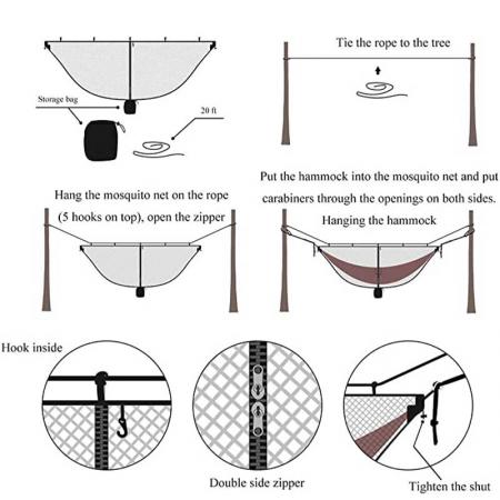La rete per cimici dell'amaca con sistema di sospensione tiene fuori la cerniera delle zanzare per entrare e uscire facilmente
 