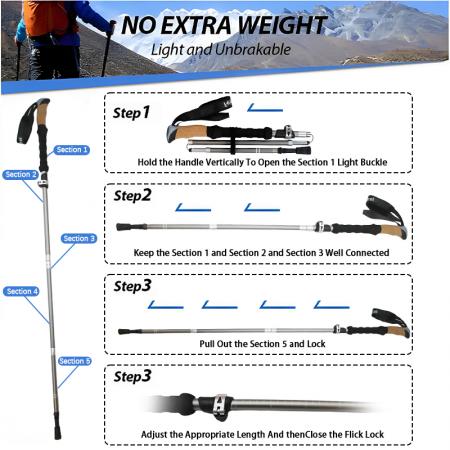 Bastoncini da trekking e da escursionismo pieghevoli personalizzati in alluminio aeronautico 7075 a 5 sezioni con cinturino e impugnatura in sughero, opzione OEM 