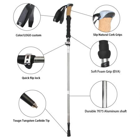 Bastoncini da trekking e da escursionismo pieghevoli personalizzati in alluminio aeronautico 7075 a 5 sezioni con cinturino e impugnatura in sughero, opzione OEM 