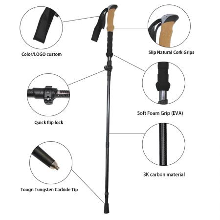 Bastone da trekking pieghevole in lega di alluminio con impugnatura in sughero e regolabile, con punta in gomma 