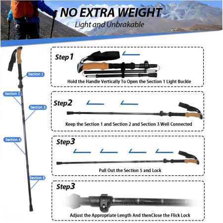 Bastone da trekking pieghevole in lega di alluminio con impugnatura in sughero e regolabile, con punta in gomma 