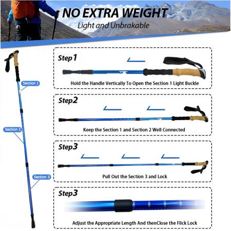 Bastone da trekking telescopico per esterni in lega di alluminio Duralluminio 6061 a tre sezioni 
