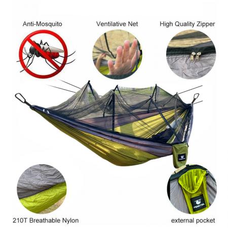 Amaca doppia da campeggio portatile in nylon paracadute con zanzariera, corda e moschettoni, per esterni.