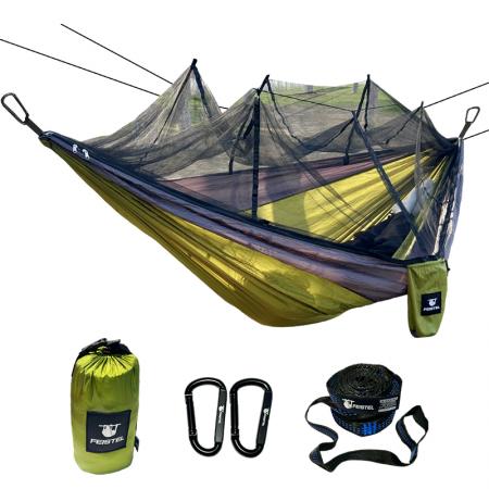 Amaca doppia da campeggio portatile in nylon paracadute con zanzariera, corda e moschettoni, per esterni.