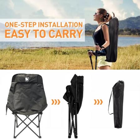 Sedia a luna pieghevole di grandi dimensioni con schienale alto, ideale per campeggio e relax all'aperto. 