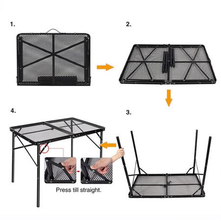 Tavolo pieghevole portatile Grid con gambe regolabili in altezza, ideale per campeggio e barbecue all'aperto. 