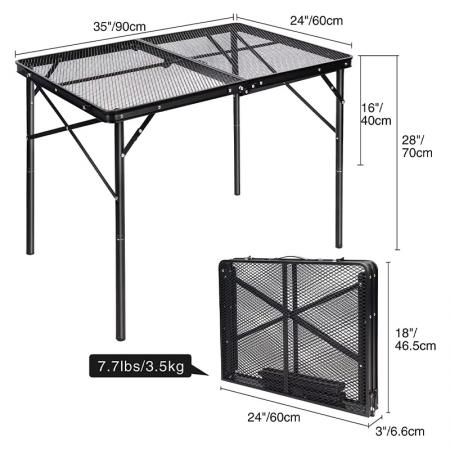 Tavolo pieghevole portatile Grid con gambe regolabili in altezza, ideale per campeggio e barbecue all'aperto. 
