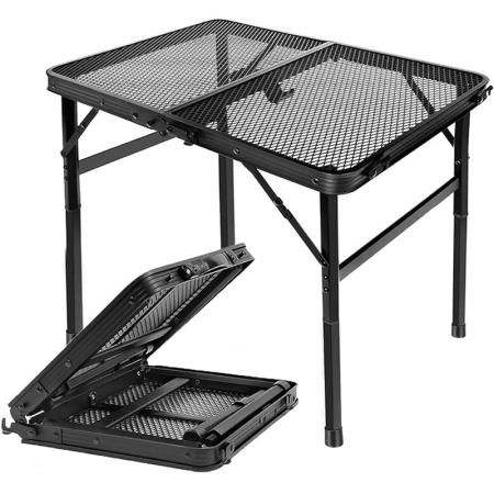 Tavolo pieghevole portatile Grid con gambe regolabili in altezza, ideale per campeggio e barbecue all'aperto. 