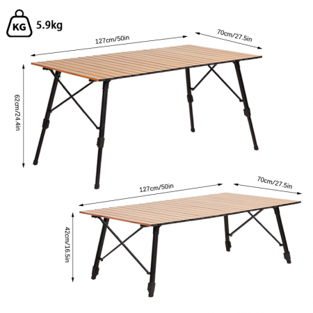 Tavolo da campeggio portatile pieghevole in alluminio, regolabile in altezza, personalizzabile. 