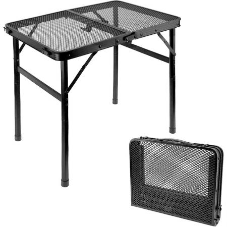 Tavolo pieghevole portatile Grid con gambe regolabili in altezza, ideale per campeggio e barbecue all'aperto. 