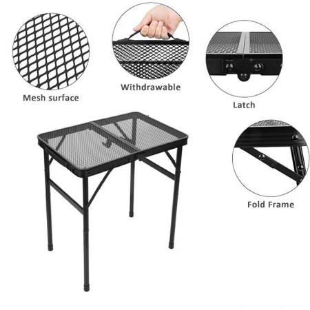 Tavolo pieghevole portatile Grid con gambe regolabili in altezza, ideale per campeggio e barbecue all'aperto. 