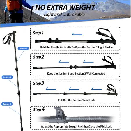 Bastoncini da trekking leggeri in alluminio con punte in acciaio al tungsteno, design pieghevole in 3 sezioni, impugnatura dritta in EVA, portata massima 150 kg. 