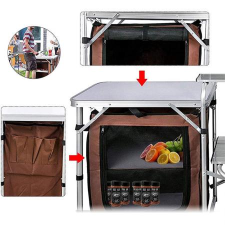 Tavolo da cucina pieghevole multifunzione in alluminio per campeggio all'aperto con borsa Oxford e armadietto. 