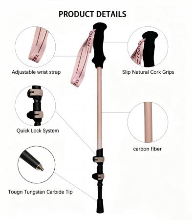 Bastoncino da trekking ultraleggero in fibra di carbonio 3k, telescopico a 3 sezioni, personalizzabile. 