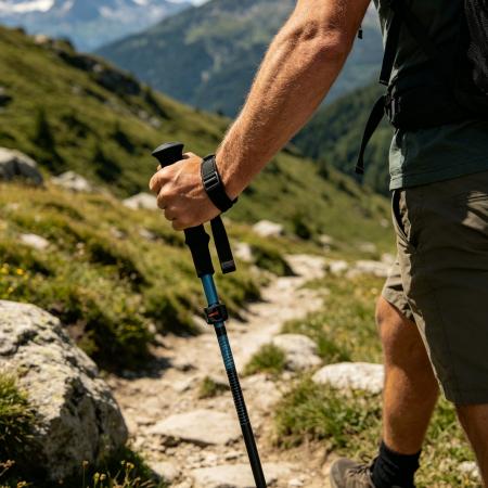 Bastoncini da trekking pieghevoli da esterno in alluminio 7075 con impugnatura in EVA e fibra di carbonio, sistema di bloccaggio rapido.
