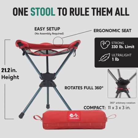 Sedia/sgabello portatile compatto in alluminio e tessuto Oxford 600D, leggero, girevole a 360°, ideale per esterni, campeggio.