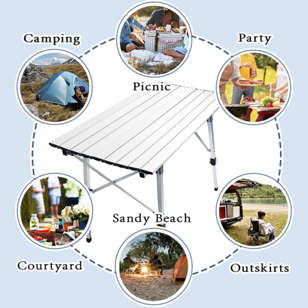 Tavolo da campeggio in alluminio, portatile, regolabile, pieghevole, ideale per picnic e attività all'aperto.