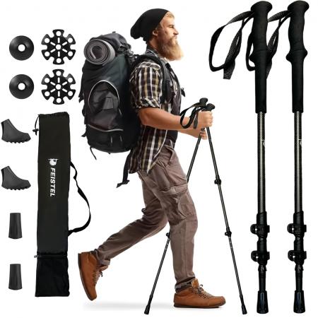 Bastoncini da trekking leggeri in alluminio con punte in acciaio al tungsteno, design pieghevole in 3 sezioni, impugnatura dritta in EVA, portata massima 150 kg. 