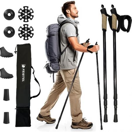 Bastone da trekking pieghevole in lega di alluminio con comoda impugnatura in sughero, ideale per escursionismo e attività all'aperto.