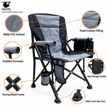 Sedia da campeggio pieghevole imbottita di lusso – Sedia da esterno riscaldata con schienale alto, PVC Oxford 600D, imbottitura in cotone perlato, capacità 150 kg, riscaldamento 5V/2A 