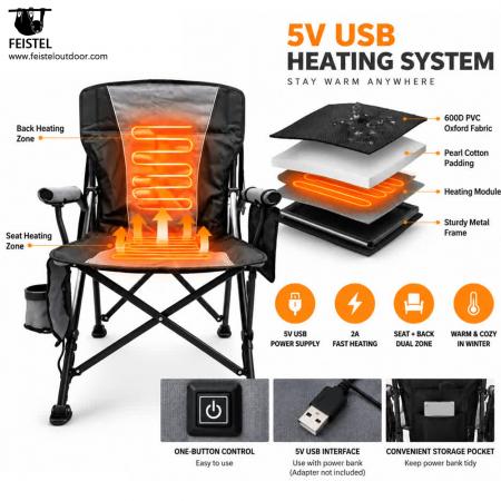 Sedia da campeggio pieghevole imbottita di lusso – Sedia da esterno riscaldata con schienale alto, PVC Oxford 600D, imbottitura in cotone perlato, capacità 150 kg, riscaldamento 5V/2A 