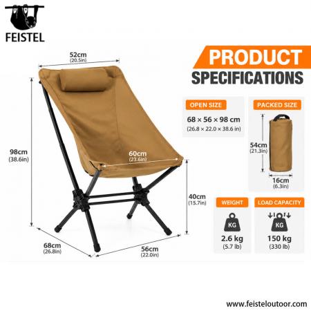 Sedia da campeggio pieghevole con schienale alto e poggiatesta – Alluminio 7075, 2,6 kg, confezione compatta da 48×16 cm 