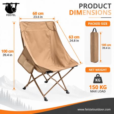 Sedia da campeggio senza braccioli – Sedia da campeggio pieghevole a schienale alto senza braccioli, struttura in alluminio 7075, rete in poliestere 600D e capacità di 150 kg 